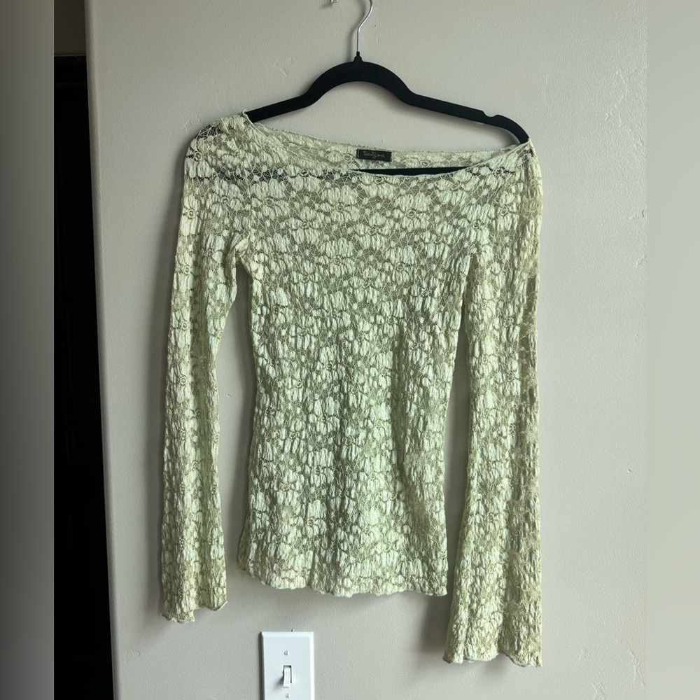 Y2K Sage Lace Bell Sleeve Top Sheer Fairy Grunge Coquette S Soft Girl Vintage
